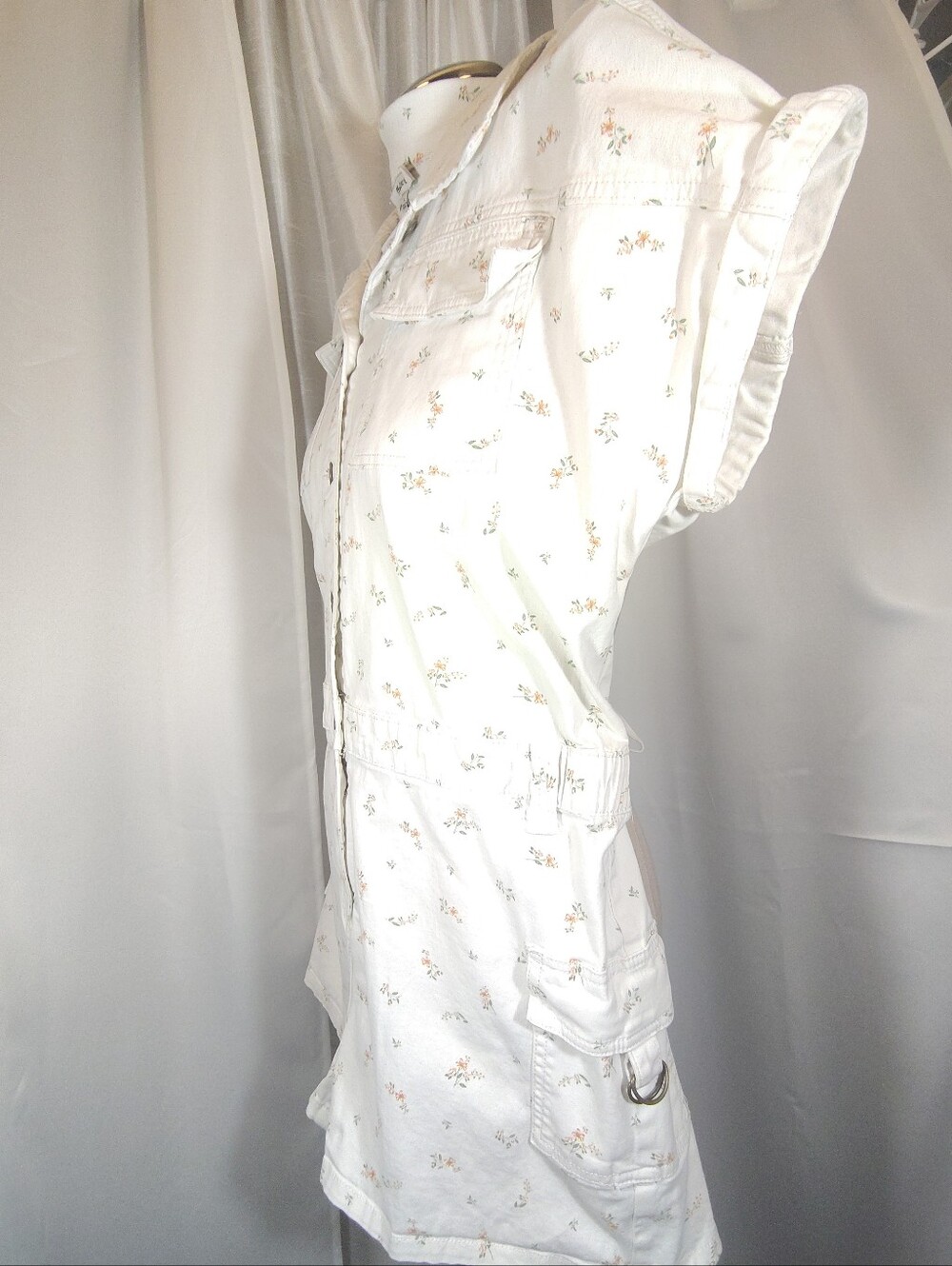 J Crew Romper, Women, Denim White Peach/Green Floral, BttnUp, Collar, Pockets, L - Picture 5 of 14